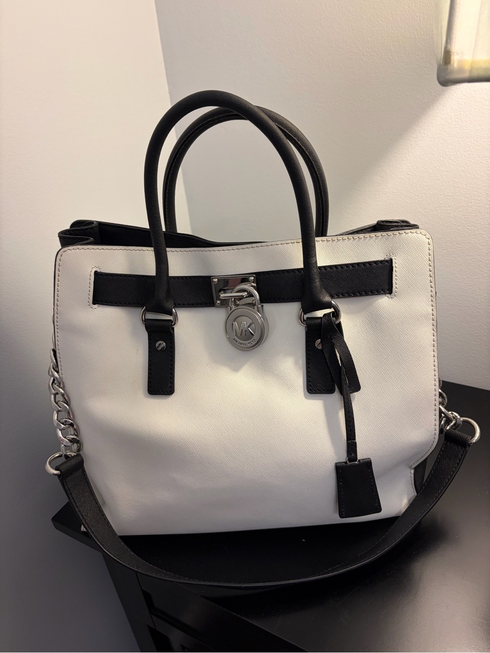 Michael Kors White and Black Saffiano Satchel with Silver Hardware